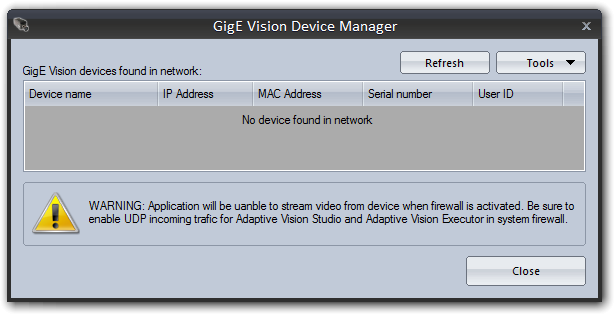 Device manager with firewall warning