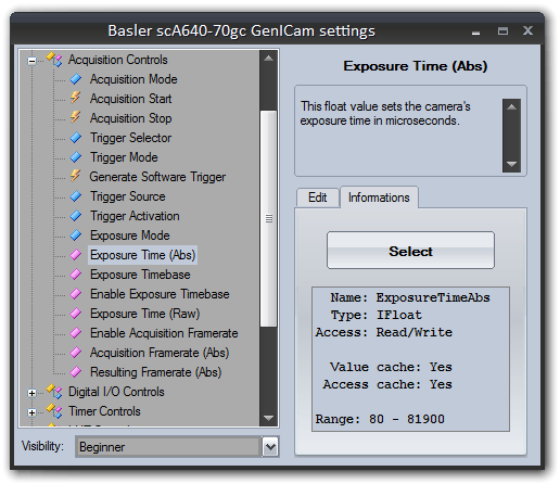 Device parameter information dialog