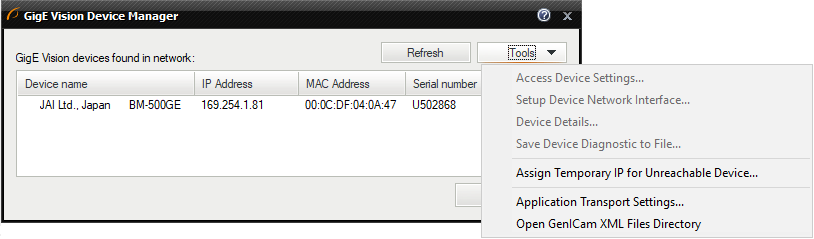 Device manager tools menu