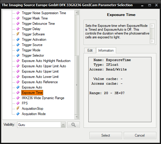 Device parameter information dialog