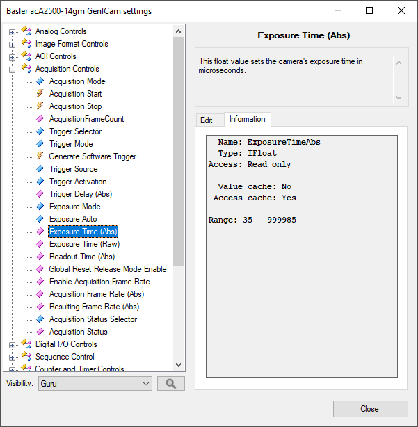 Device parameter information dialog