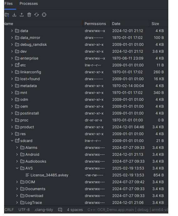 License file placed in the AVS folder in the Android Studio Device Explorer