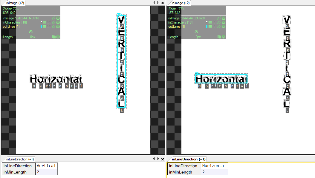 Effect of setting inLineDirection to vertical and horizontal.