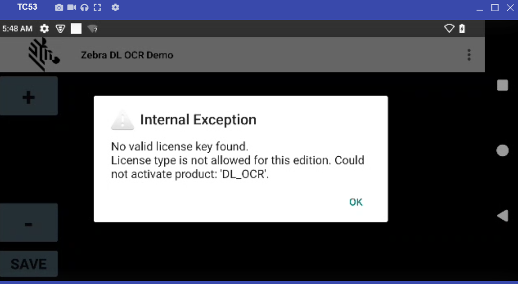 Internal Exception dialog: could not activate product DL_OCR